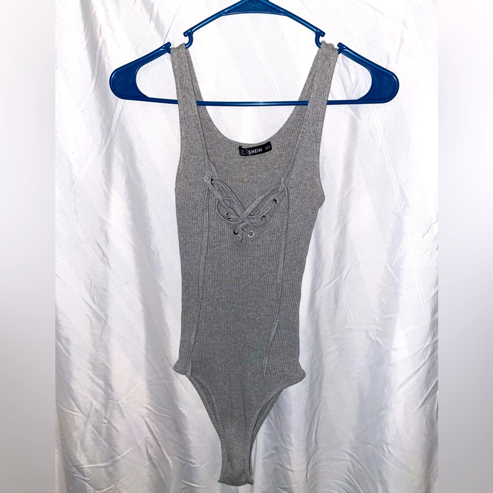 SHEIN Grey Ribbed Bodysuit with Strings
